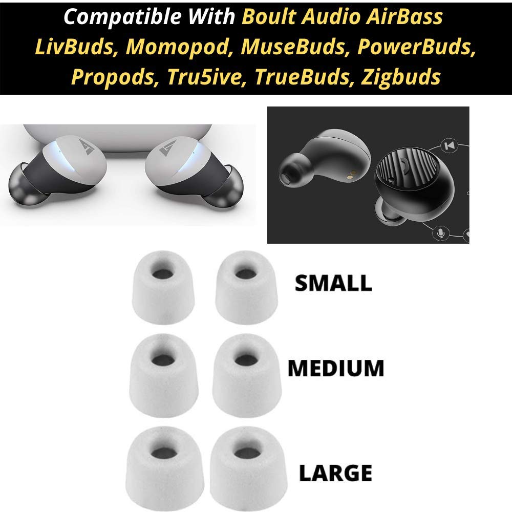 Compatible with Boult Audio AirBass Tips Eartips Earpads Earplugs Grey Memory Foam Small Medium Large Grey 3 Pairs 6PCS